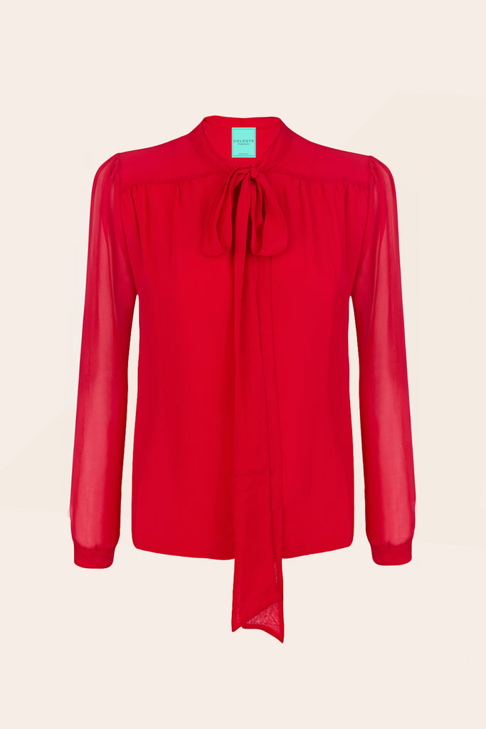 camicia rossa in pura seta di Celeste Pisenti in stile bon ton glam