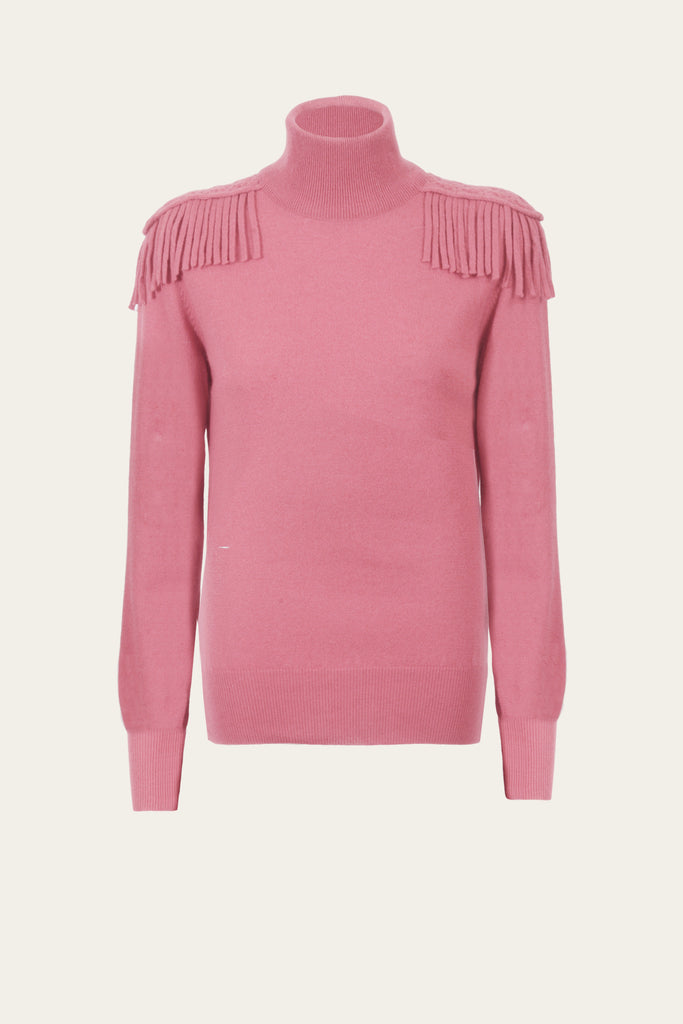 Maglia cashmere Rosa Napoleon con spalle intarsiate con frange decorative