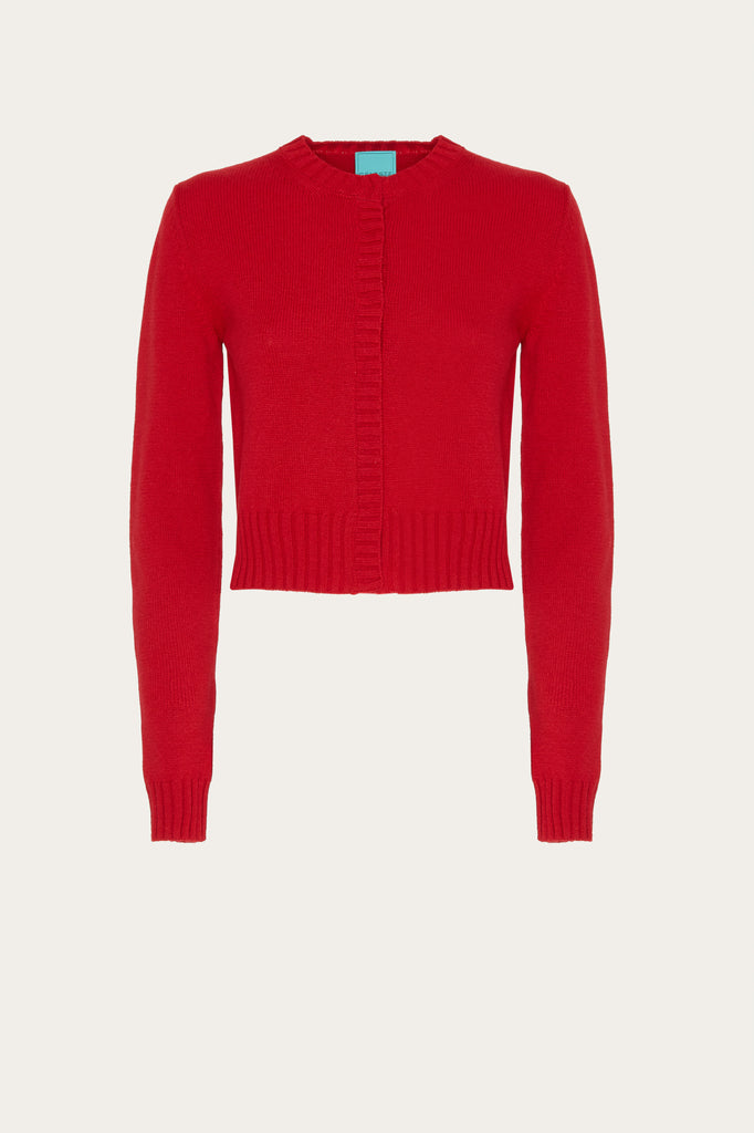 Mini Pull Cashmere Rosso a manica lunga con bottoni nascosti a pressione della stilista Celeste Pisenti