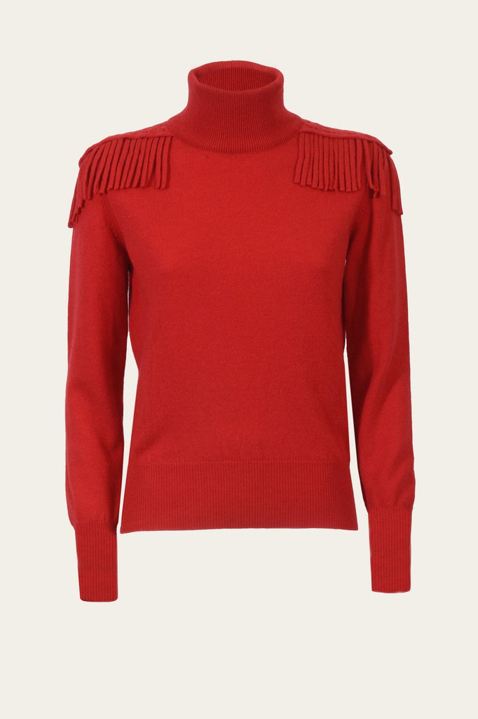 Maglia cashmere Rossa Napoleon con spalle intarsiate con frange decorative